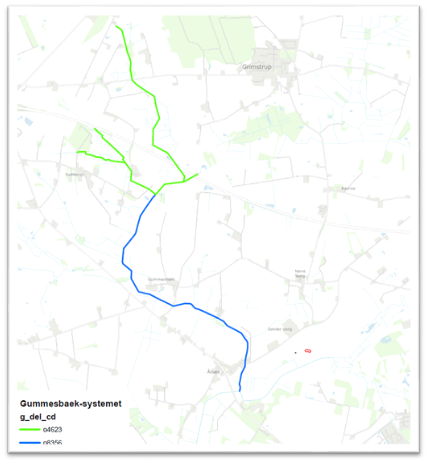 Oversigtskort med angivelse af vandområde o8356 (blå) og o4632 (grøn), Gummesbæk-systemet.